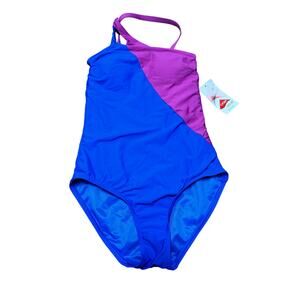 Lands End Womens Blue Purple Color Block Cut Out One Piece Swim Suit Size 2 NEW